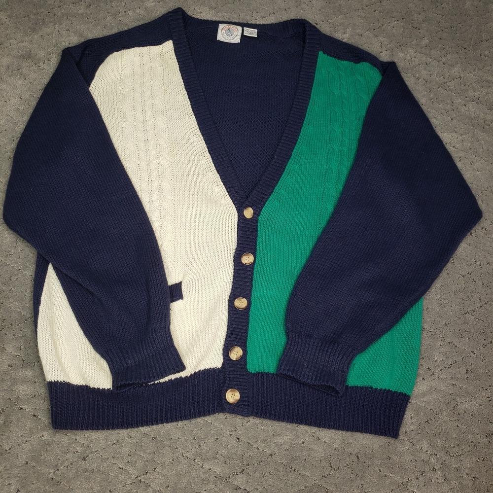 Cape Isle Knitters Cardigan Sweater Mens L Colorblock Button Front Ramie Blend
